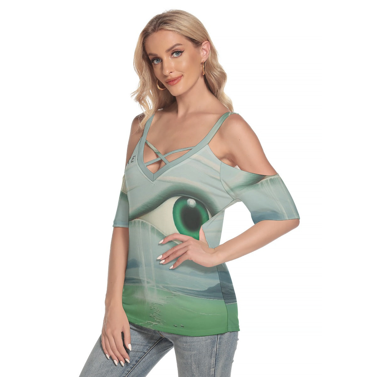 All-Over Print Women's Cold Shoulder T-shirt With Criss Cross Strips