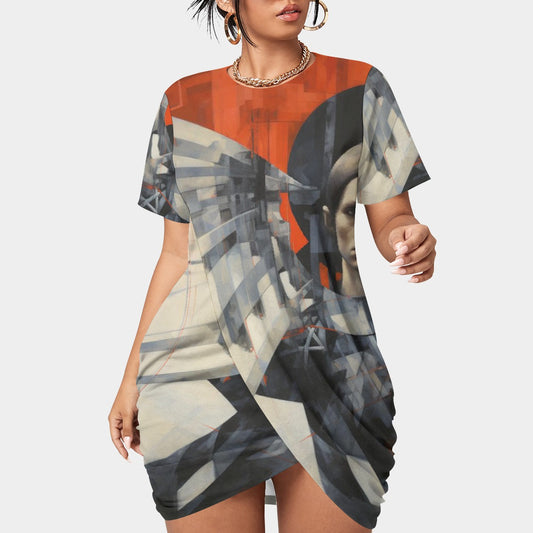 All-Over Print Women’s Stacked Hem Dress With Short Sleeve（Plus Size）