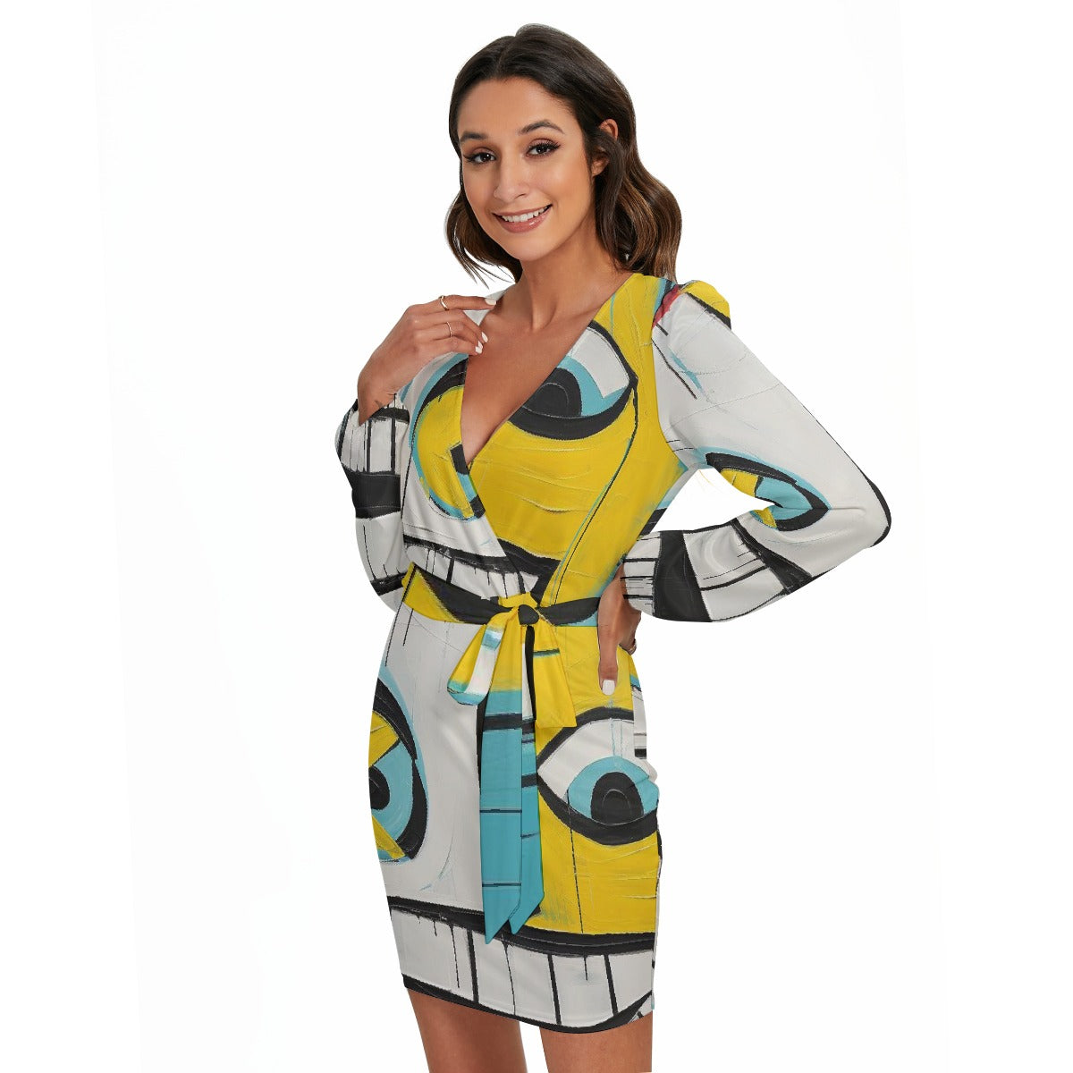 All-Over Print Women's Long Sleeve Dress With Waist Belt