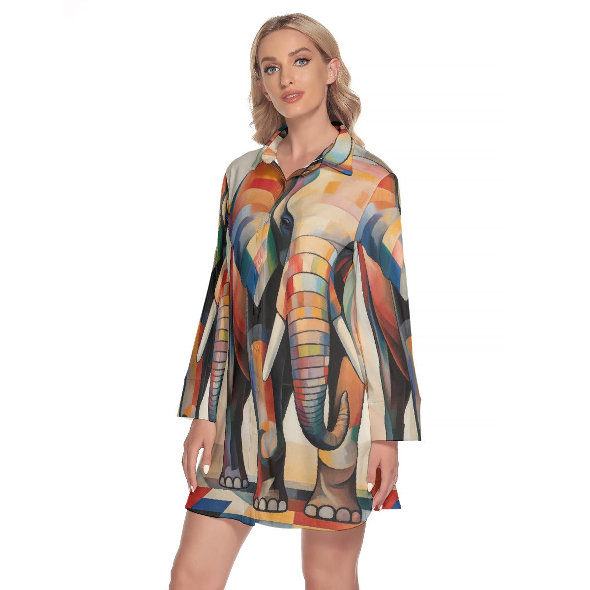 All-Over Print Women's Lapel Shirt Dress With Long Sleeve