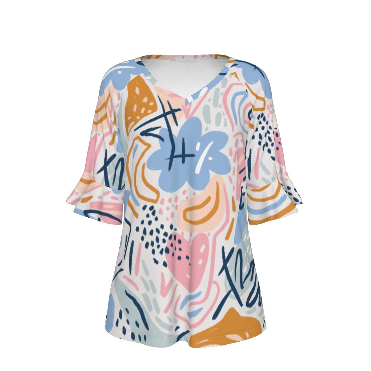 All-Over Print V-neck Women's T-shirt With Bell Sleeve