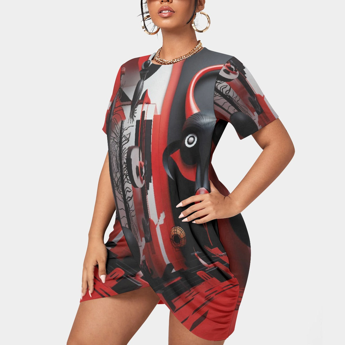 All-Over Print Women’s Stacked Hem Dress With Short Sleeve（Plus Size）