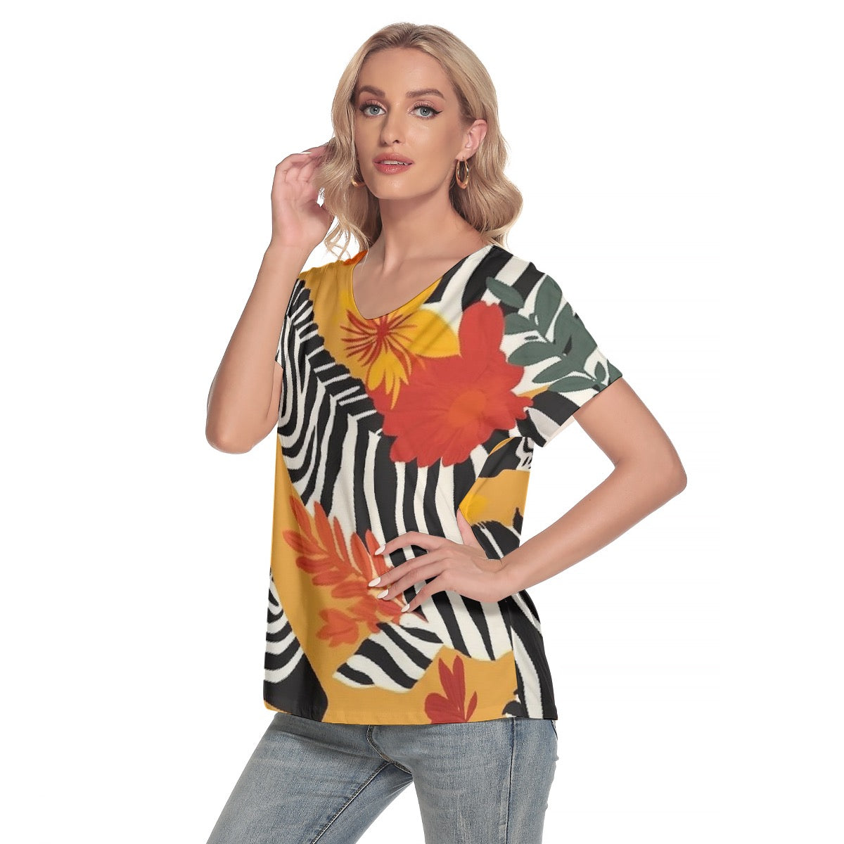 All-Over Print Women's Loose V-neck Short Sleeve T-shirt