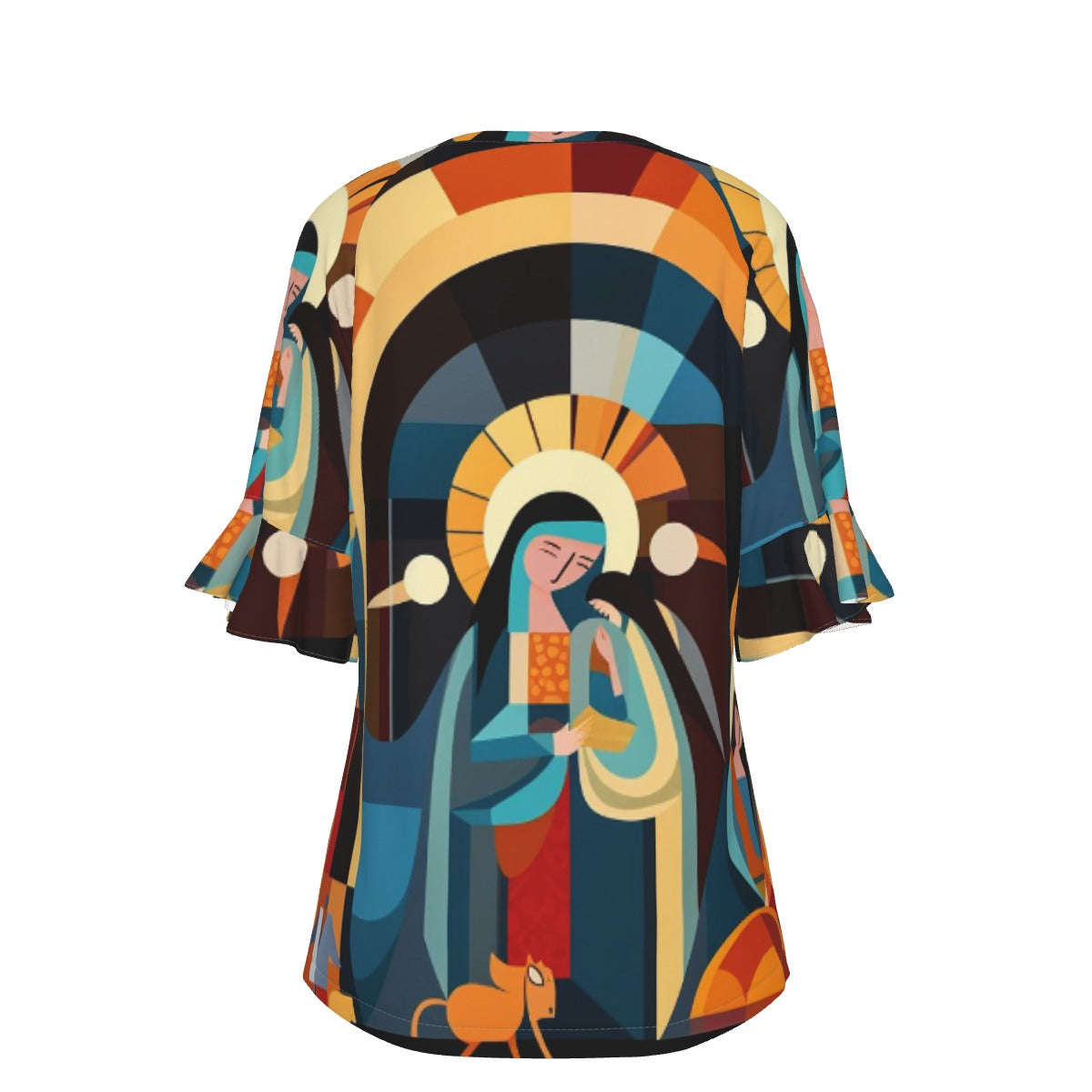 All-Over Print V-neck Women's T-shirt With Bell Sleeve