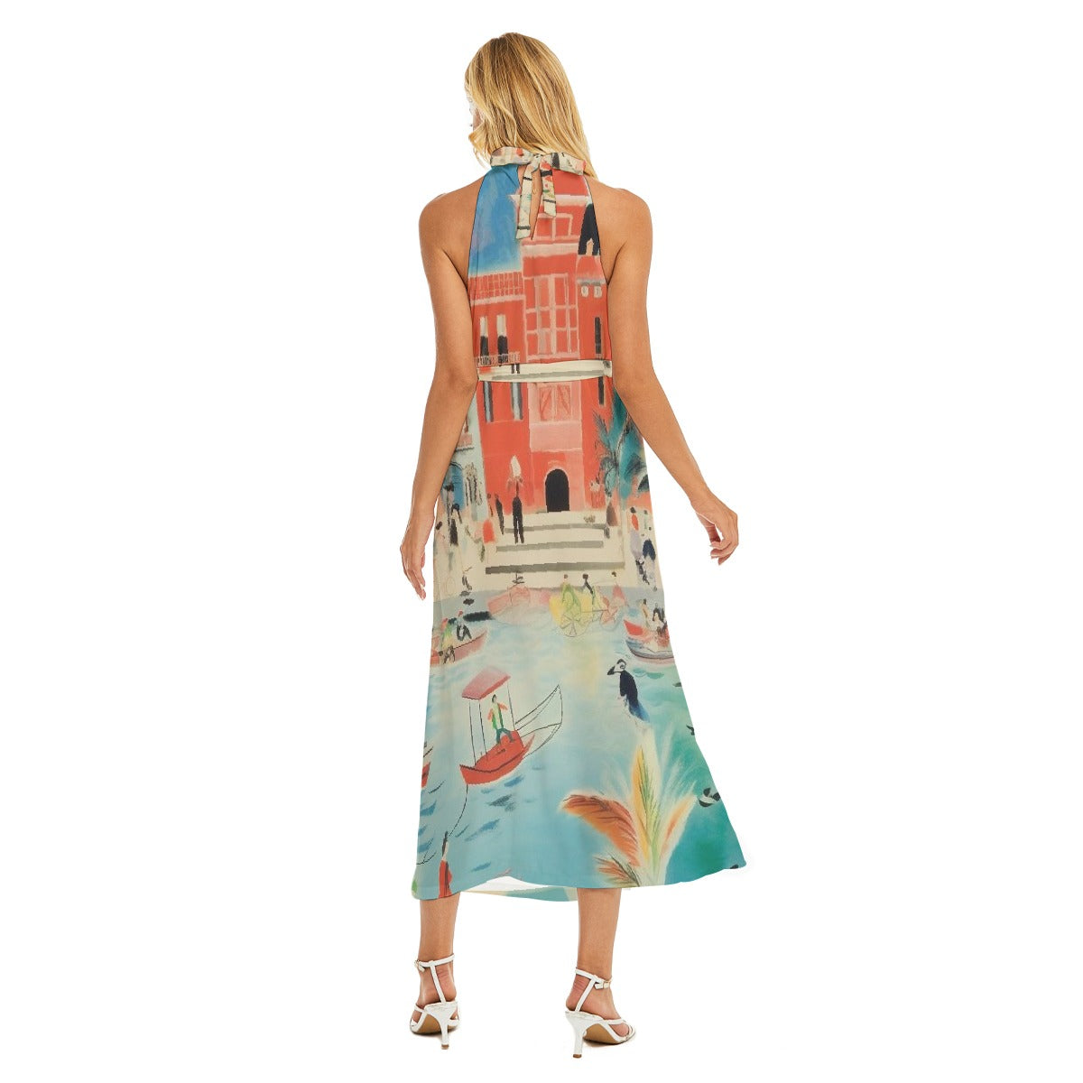 All-Over Print Women's Wrap Hem Belted Halter Dress