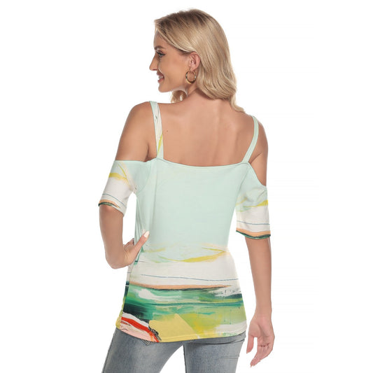 All-Over Print Women's Cold Shoulder T-shirt With Criss Cross Strips