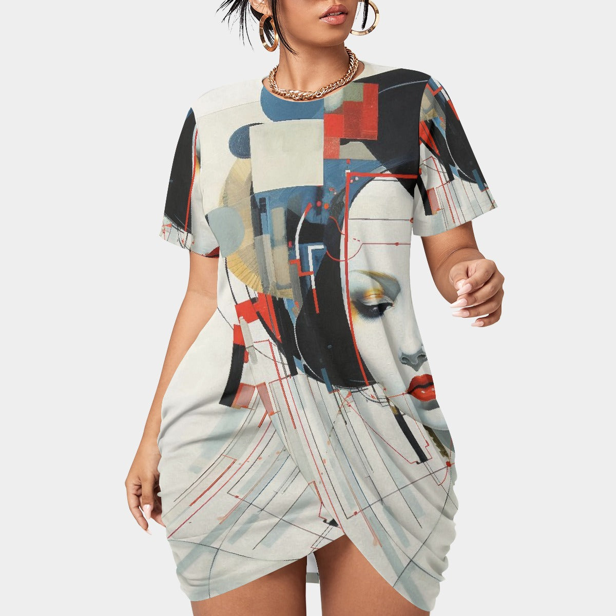 All-Over Print Women’s Stacked Hem Dress With Short Sleeve（Plus Size）