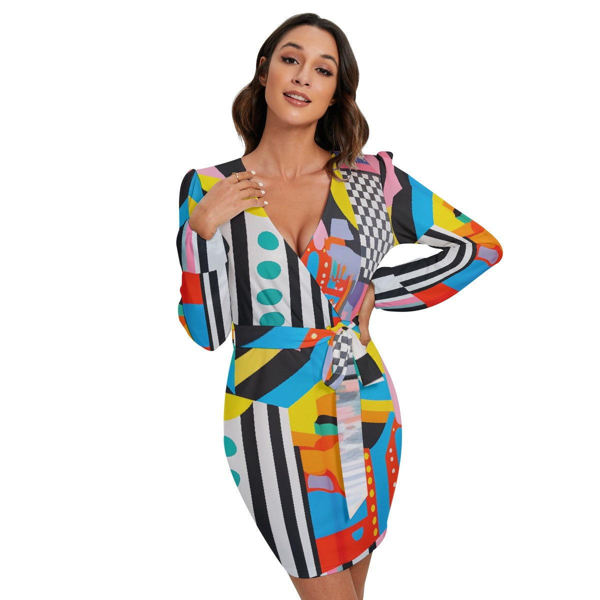 All-Over Print Women's Long Sleeve Dress With Waist Belt