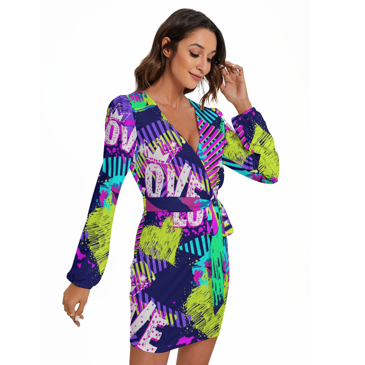 All-Over Print Women's Long Sleeve Dress With Waist Belt