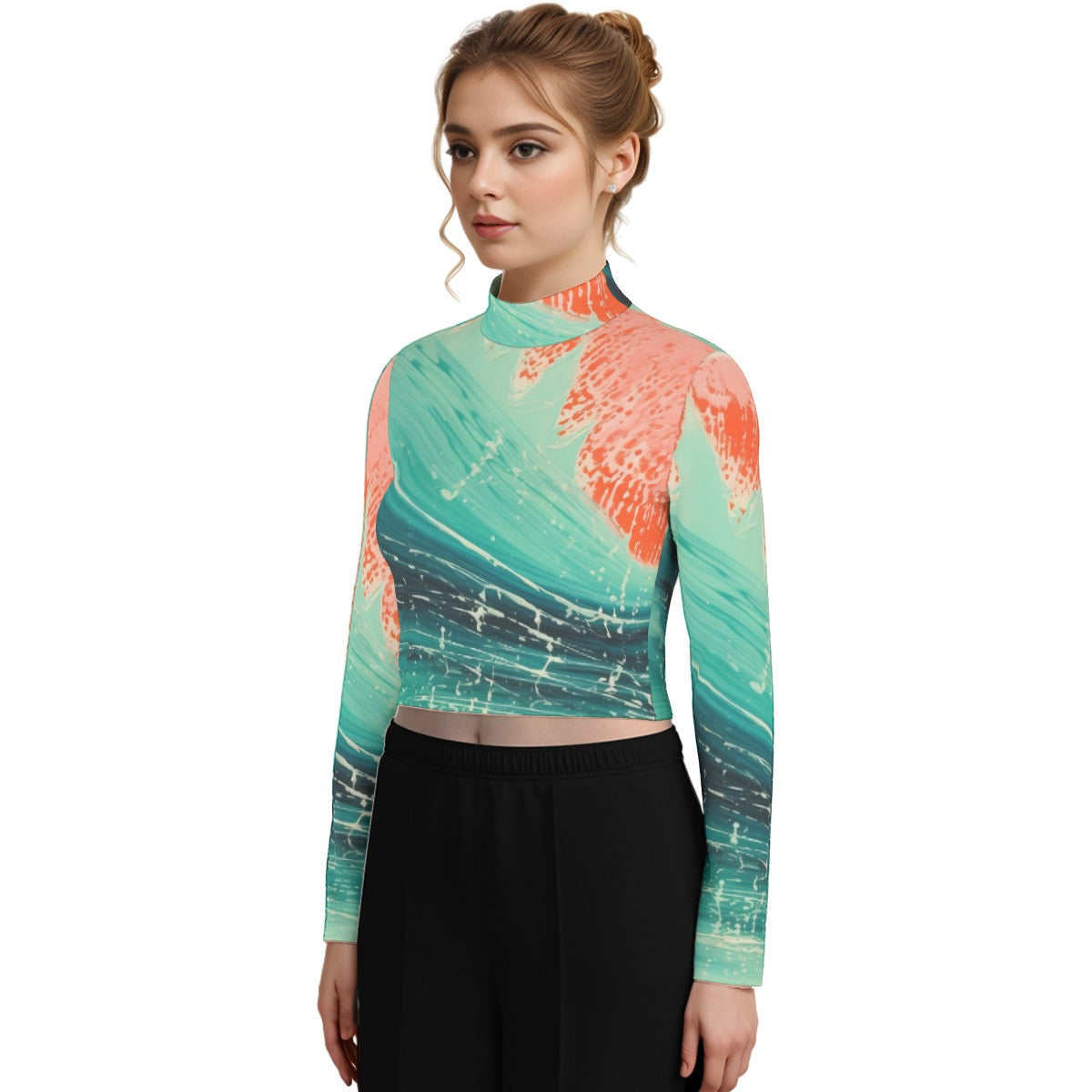 Eco-Friendly All-Over Print Women's Turtleneck T-shirt With Long Sleeve