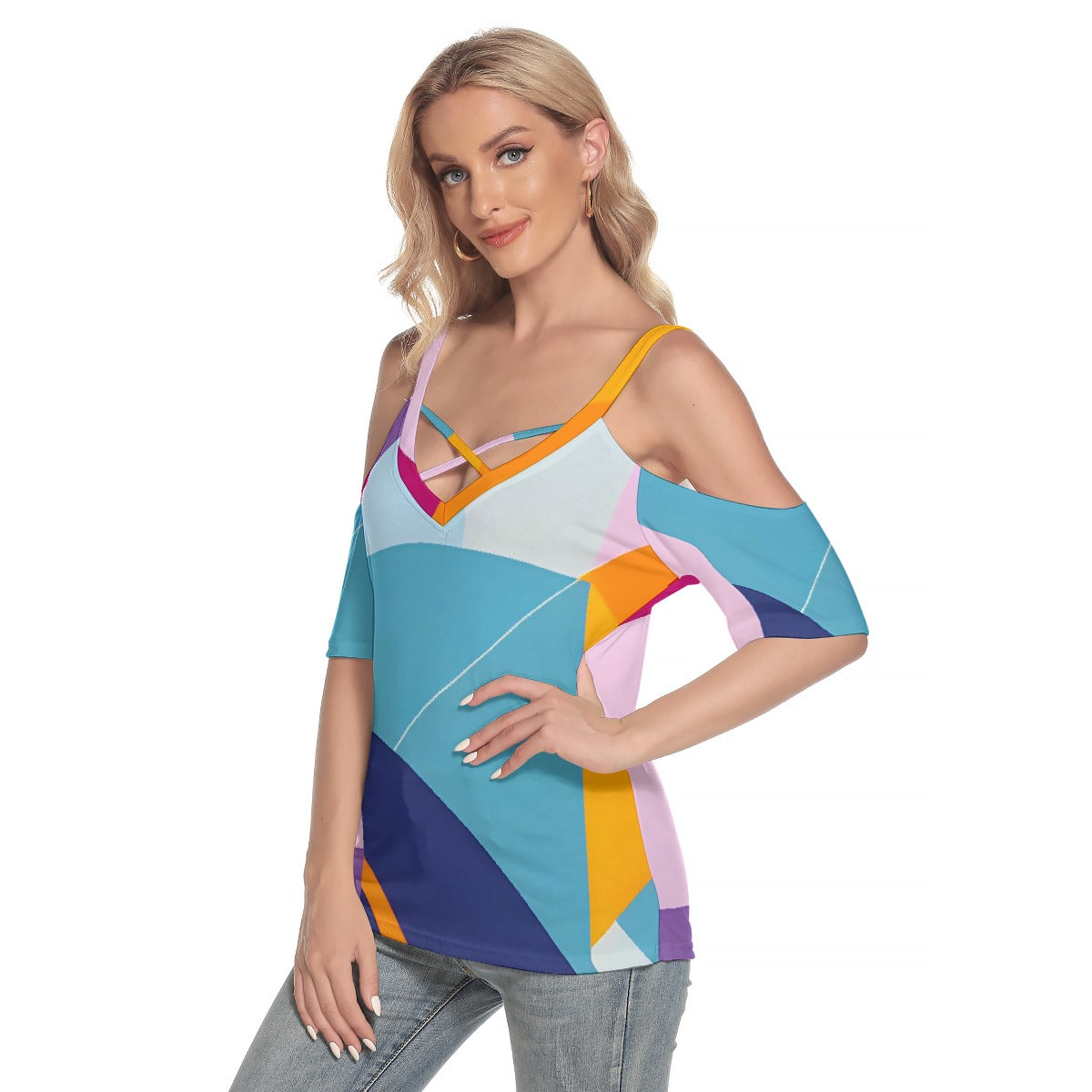 All-Over Print Women's Cold Shoulder T-shirt With Criss Cross Strips