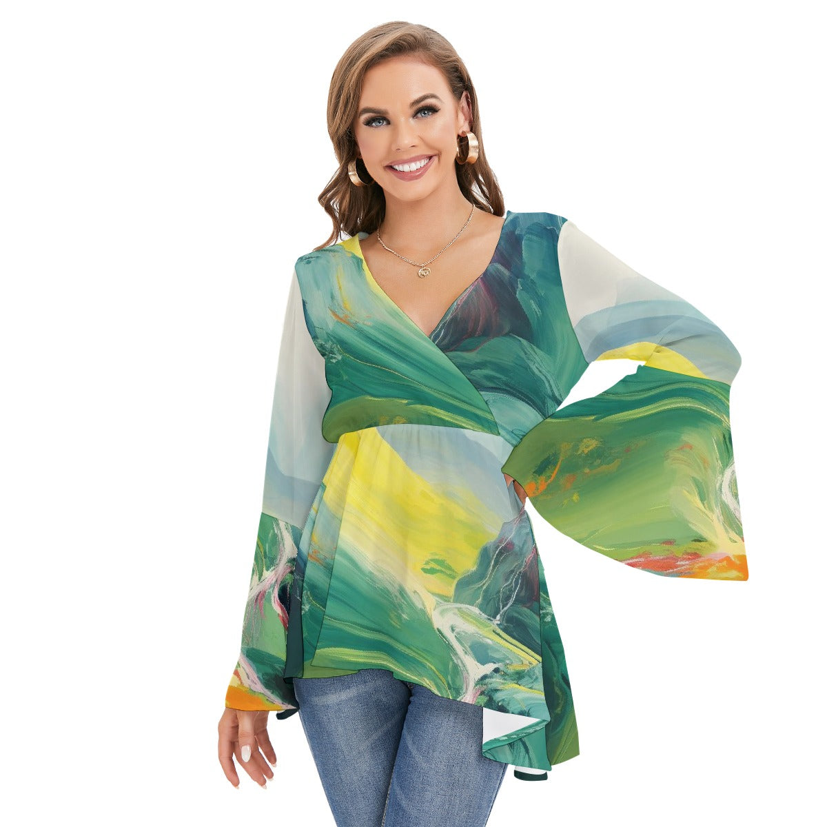 All-Over Print Women's V-neck Blouse With Flared Sleeves