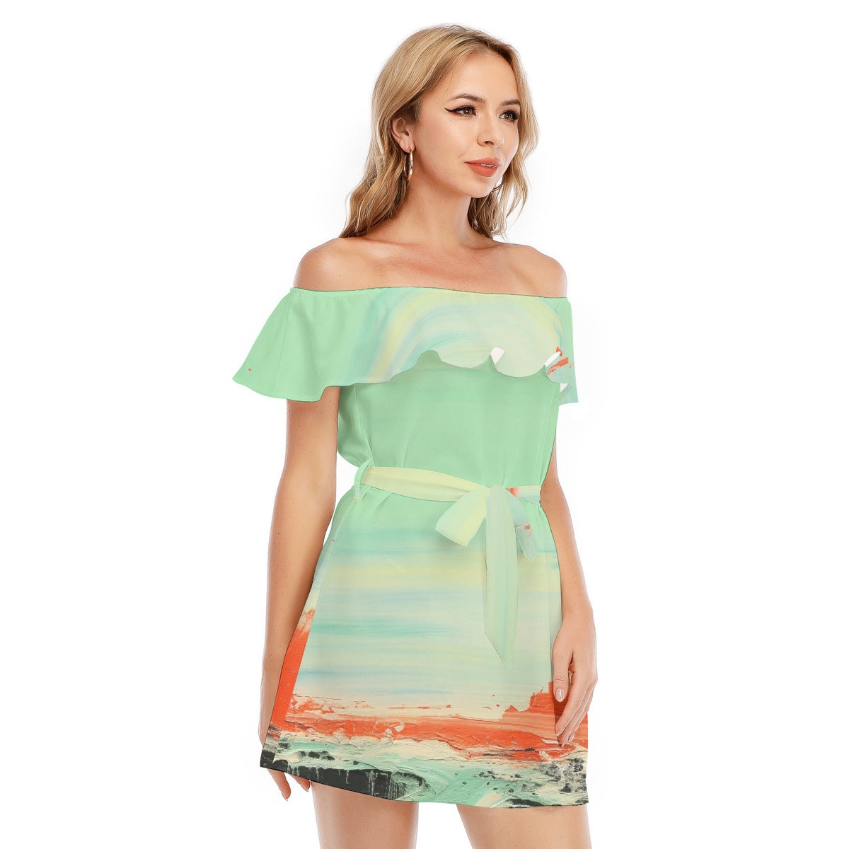 All-Over Print Women's Off-shoulder Dress With Ruffle