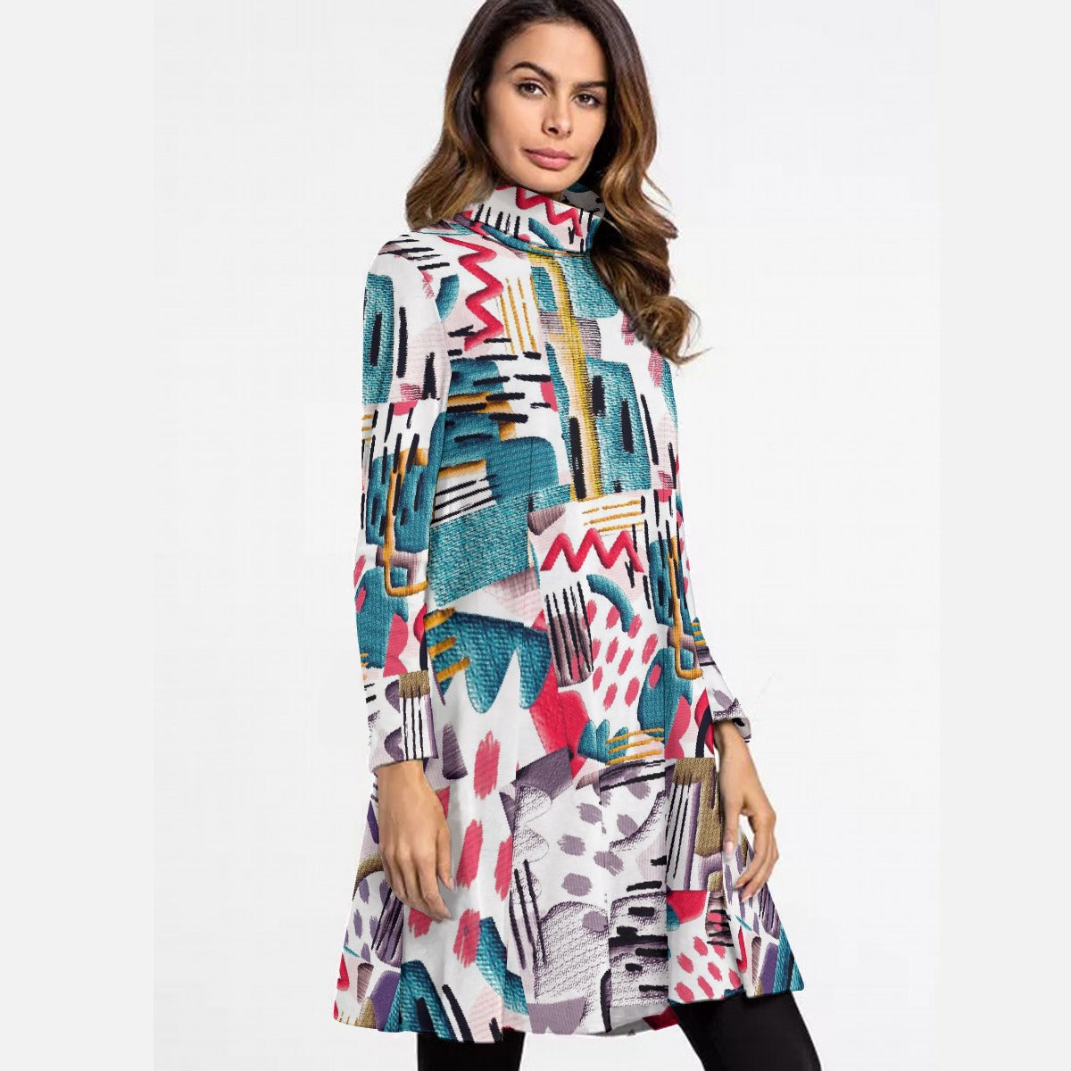 All-Over Print Women's High Neck Dress With Long Sleeve