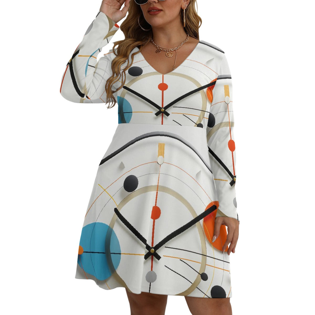 All-Over Print Women's V-neck Long Sleeve Dress(Plus Size)