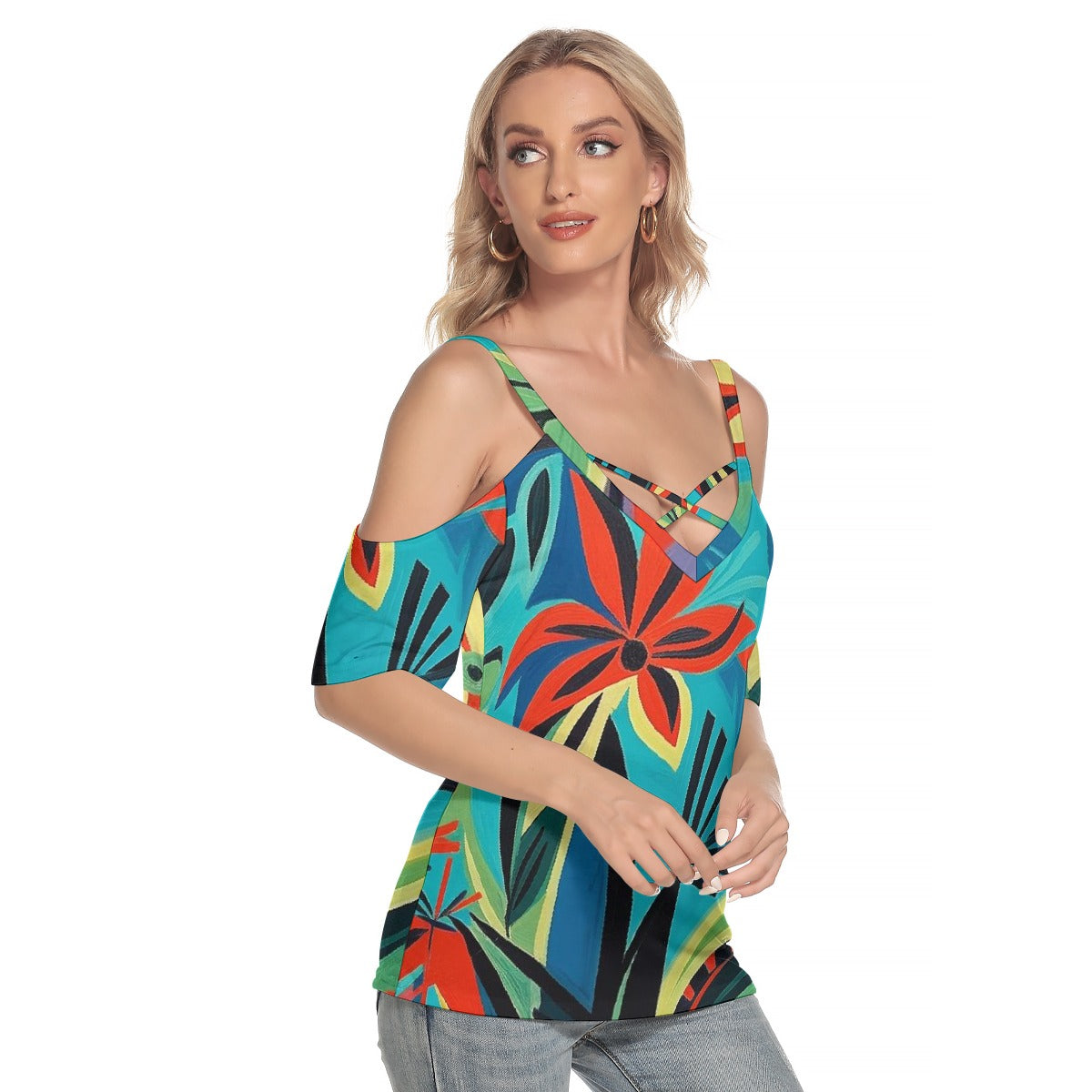 All-Over Print Women's Cold Shoulder T-shirt With Criss Cross Strips