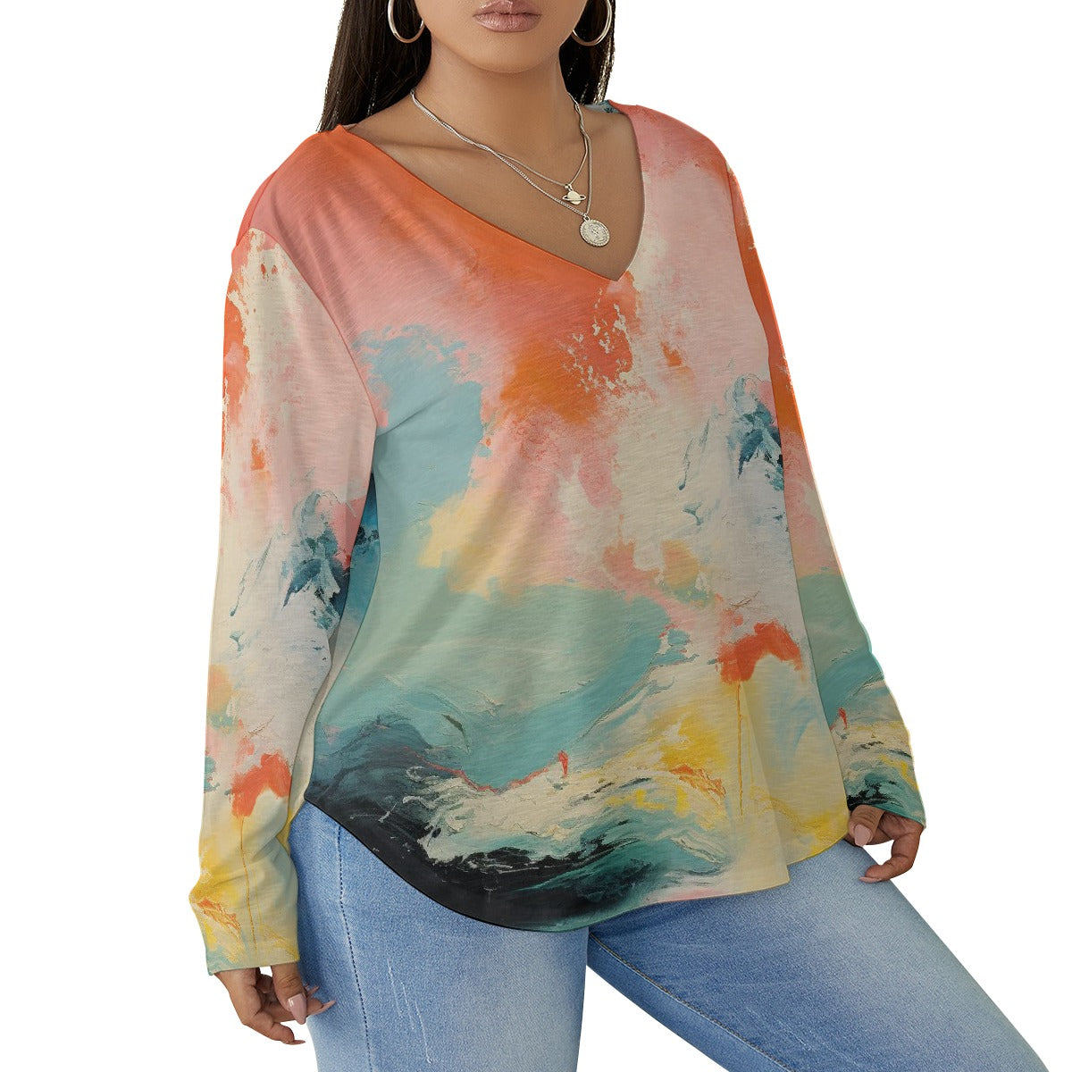 All-Over Print Women's V-neck T-shirt With Curved Hem(Plus Size)