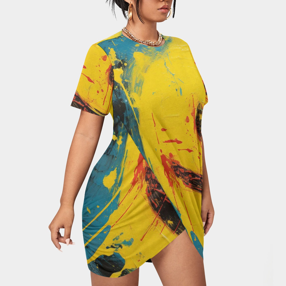 All-Over Print Women’s Stacked Hem Dress With Short Sleeve（Plus Size）