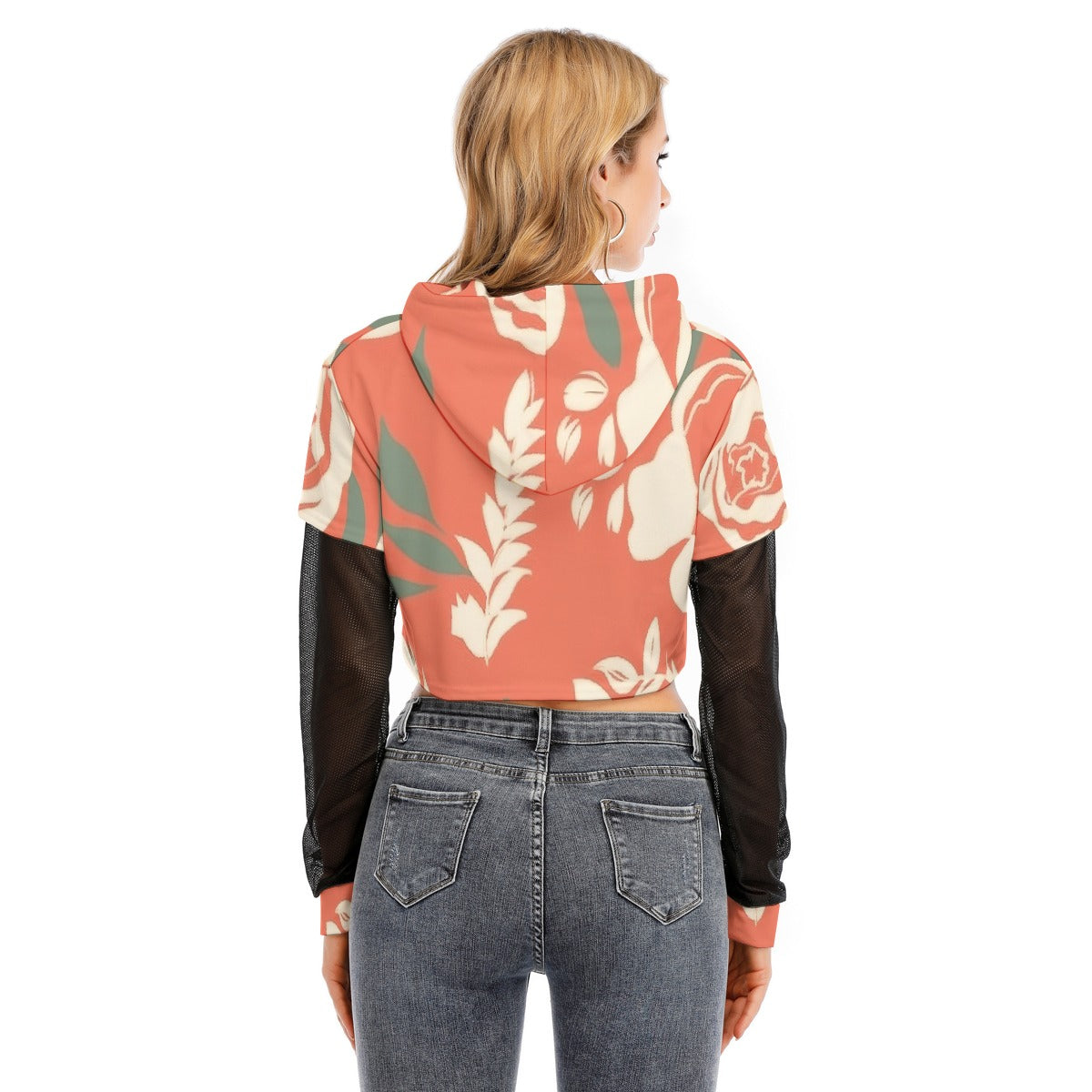 All-Over Print Women's Fake Two-piece Mesh Sleeve Cropped Hoodie