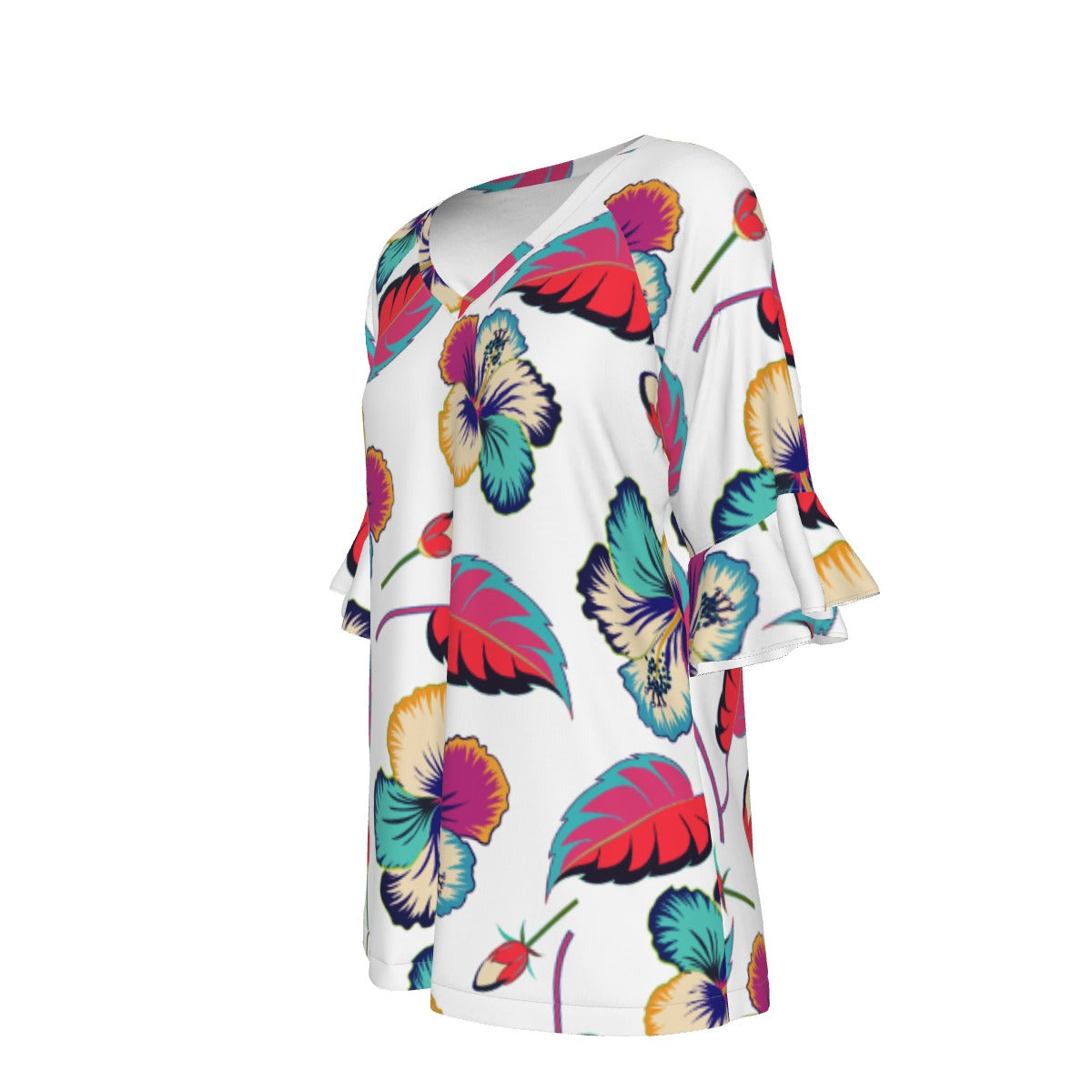 All-Over Print V-neck Women's T-shirt With Bell Sleeve