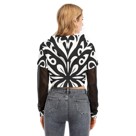 All-Over Print Women's Fake Two-piece Mesh Sleeve Cropped Hoodie