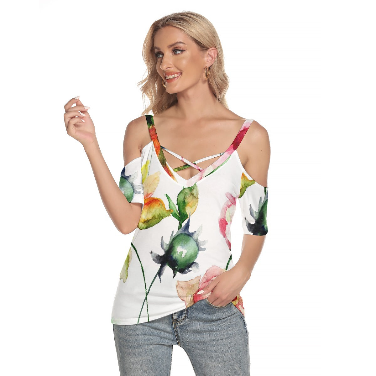 All-Over Print Women's Cold Shoulder T-shirt With Criss Cross Strips