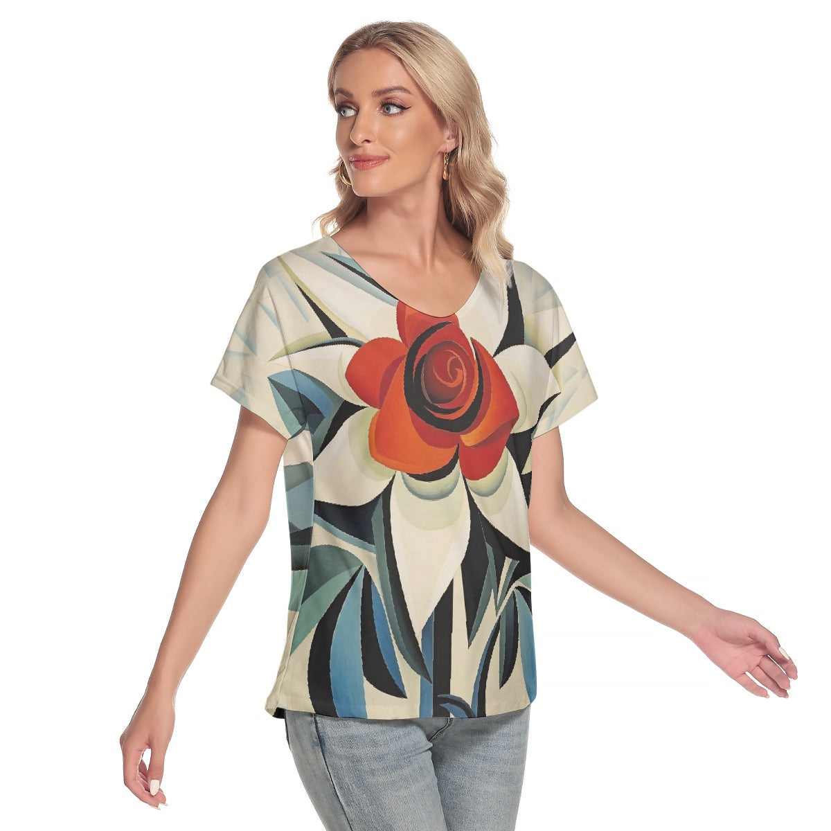 All-Over Print Women's Loose V-neck Short Sleeve T-shirt