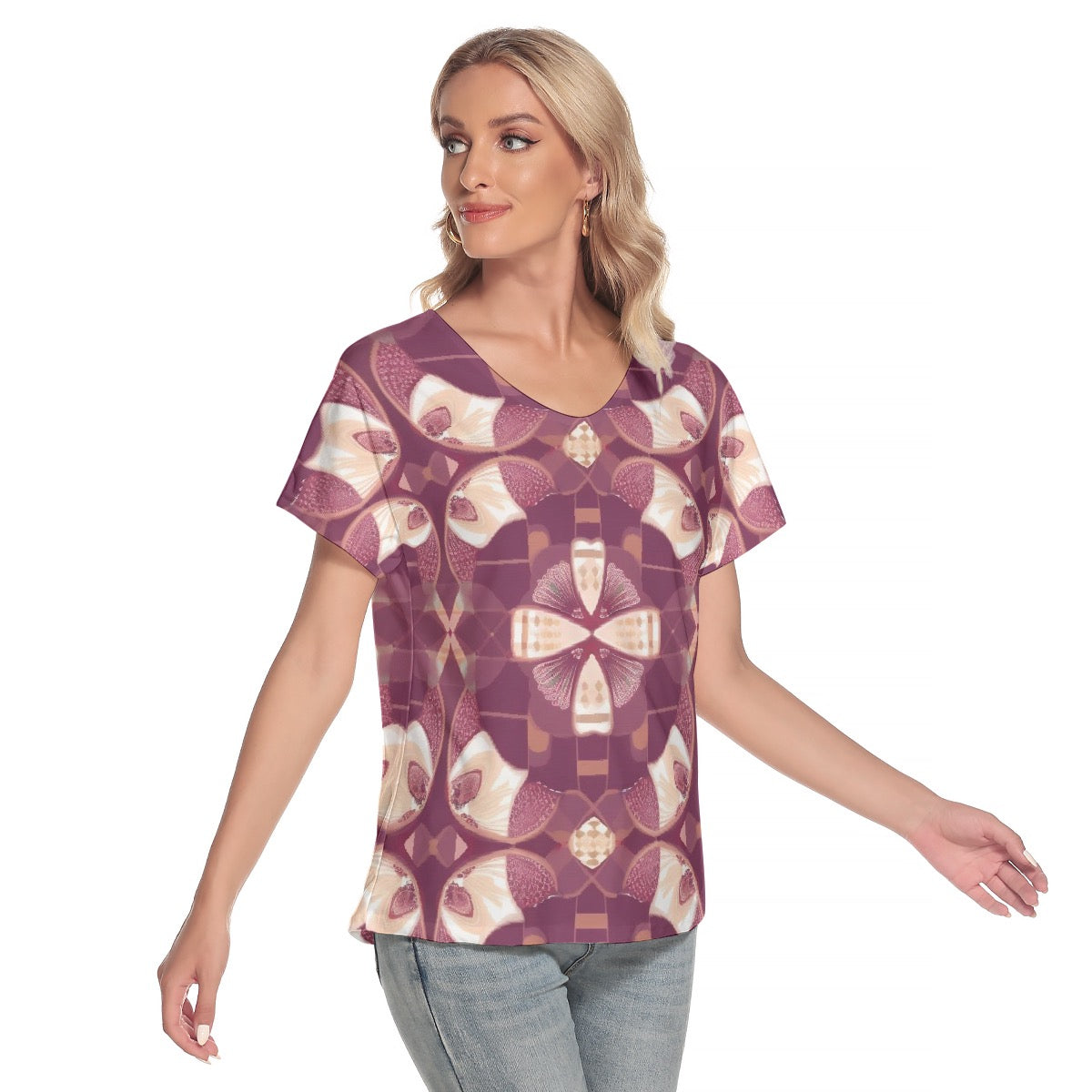 All-Over Print Women's Loose V-neck Short Sleeve T-shirt