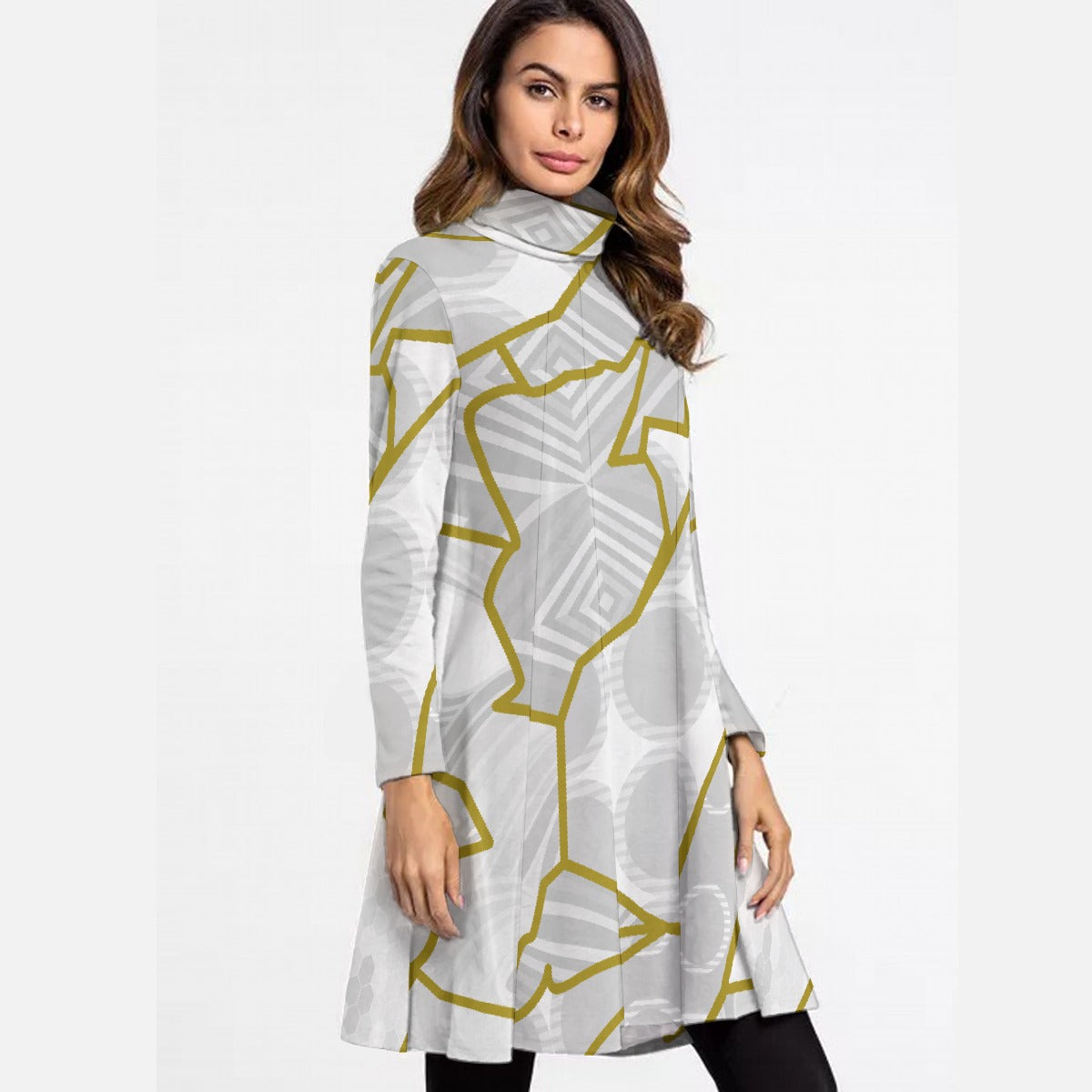 All-Over Print Women's High Neck Dress With Long Sleeve