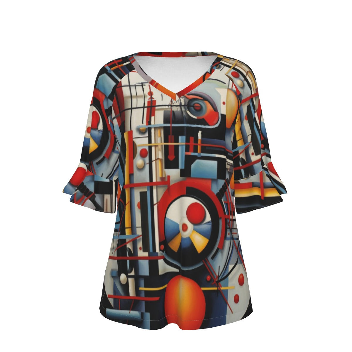 All-Over Print V-neck Women's T-shirt With Bell Sleeve