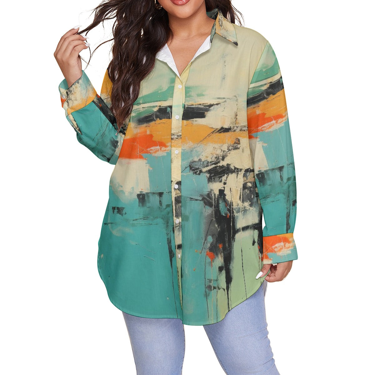 All-Over Print Women's Shirt With Long Sleeve(Plus Size)