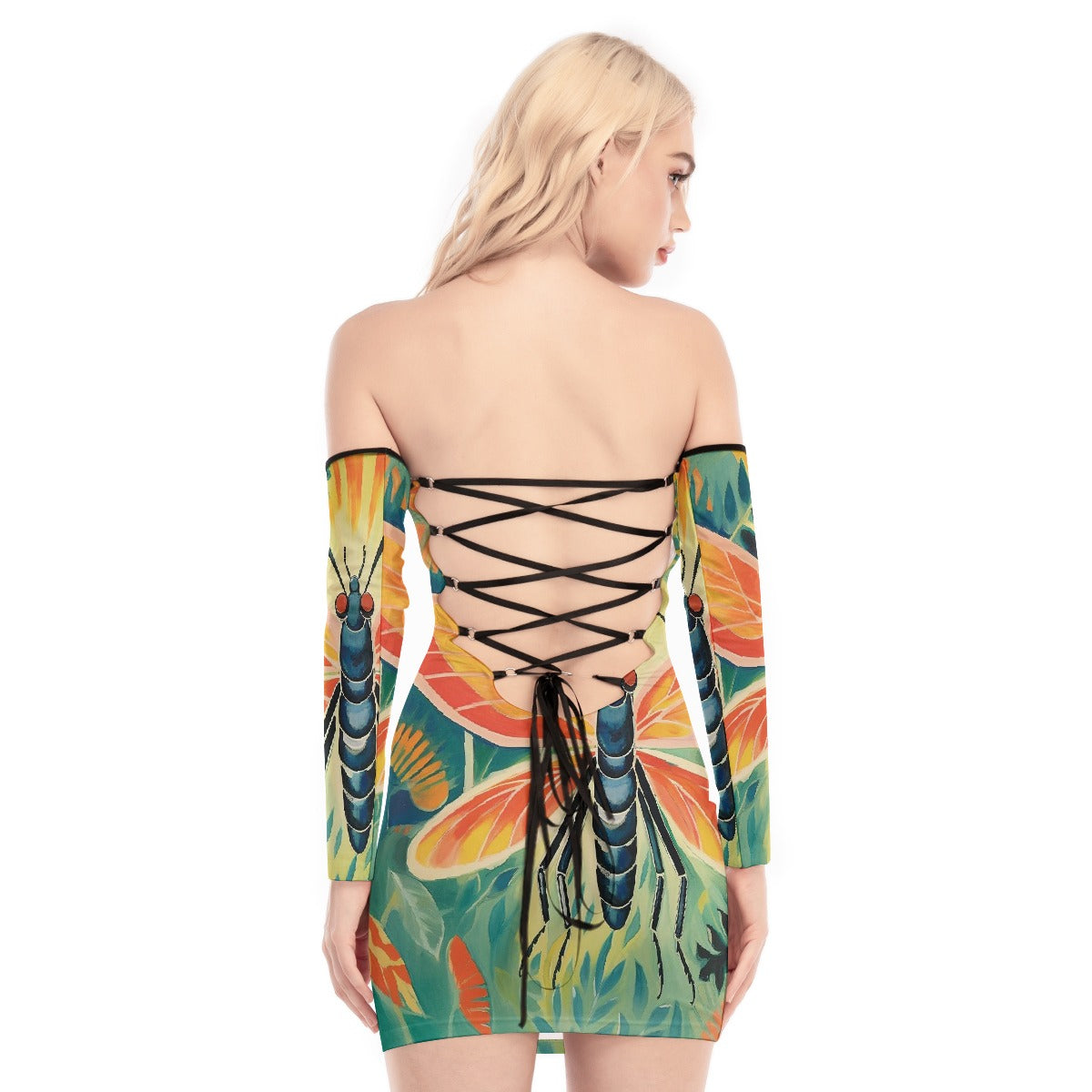 All-Over Print Women's Off-shoulder Back Lace-up Dress