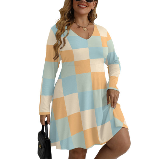 All-Over Print Women's V-neck Long Sleeve Dress(Plus Size)