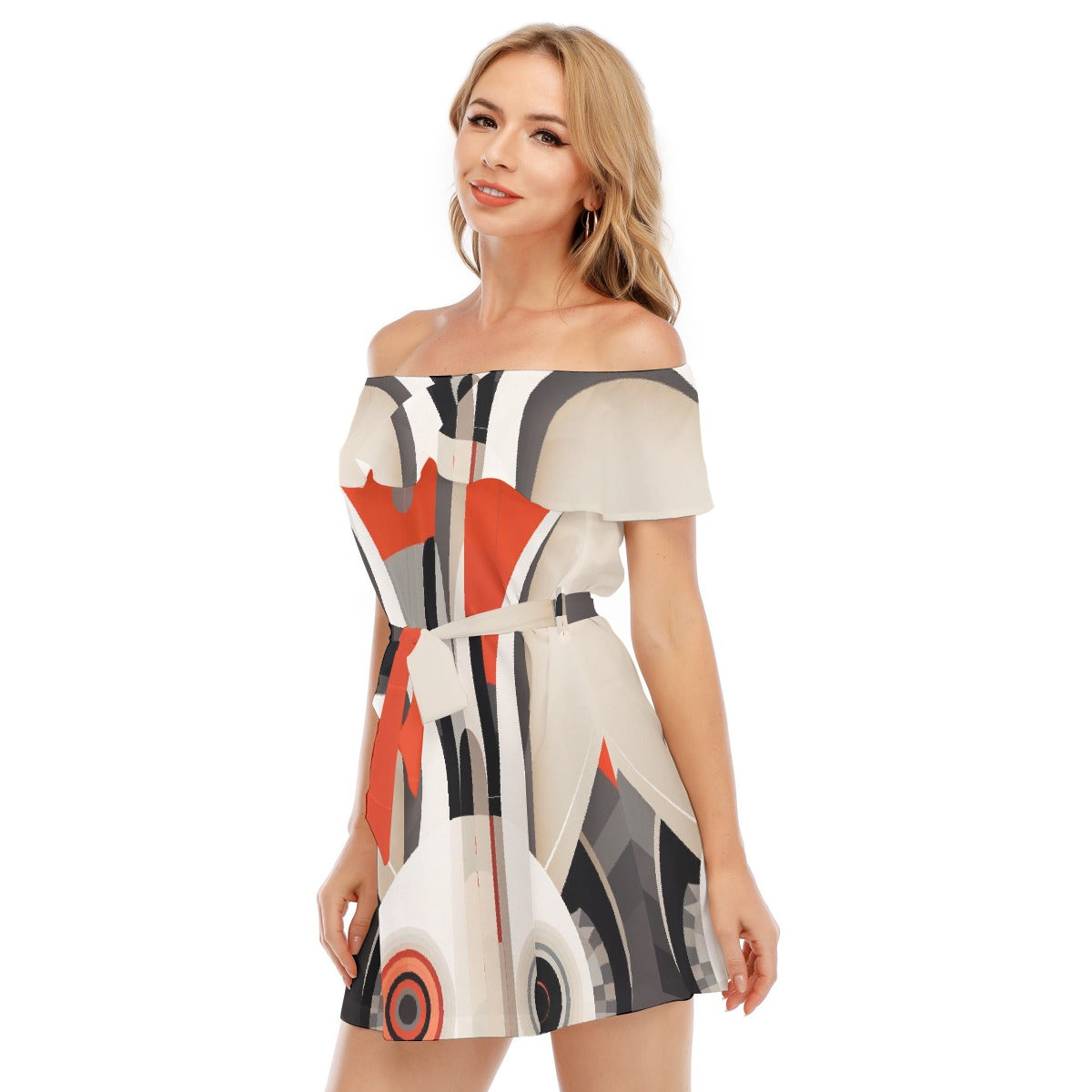 All-Over Print Women's Off-shoulder Dress With Ruffle