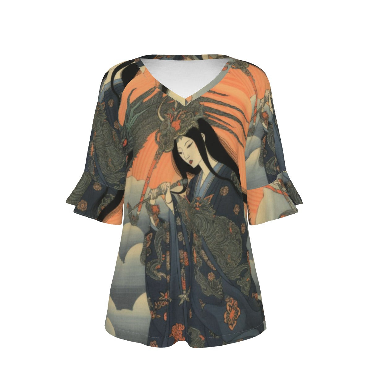 All-Over Print V-neck Women's T-shirt With Bell Sleeve