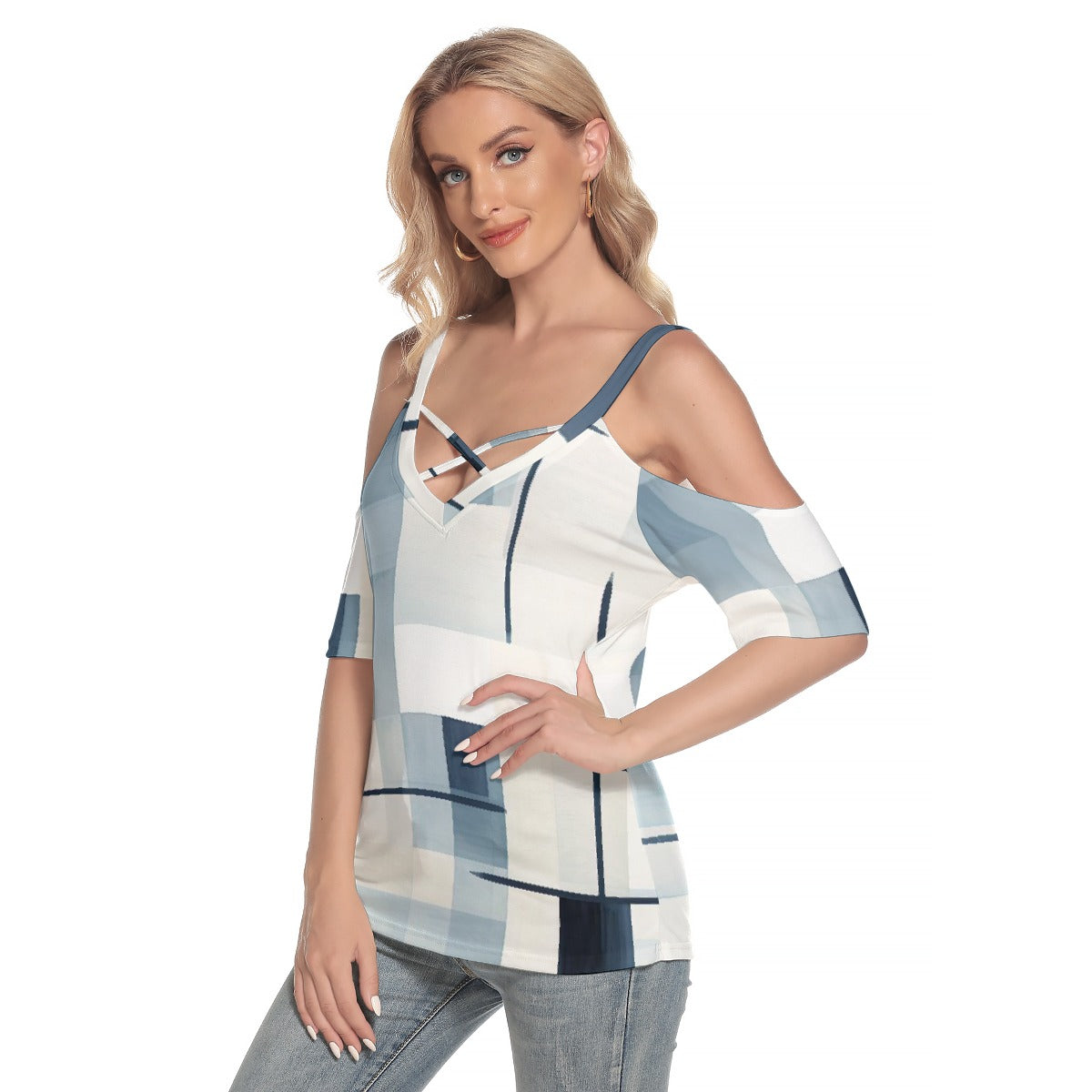 All-Over Print Women's Cold Shoulder T-shirt With Criss Cross Strips