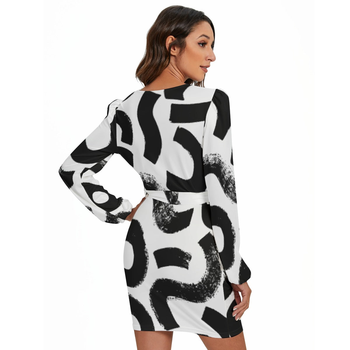 All-Over Print Women's Long Sleeve Dress With Waist Belt