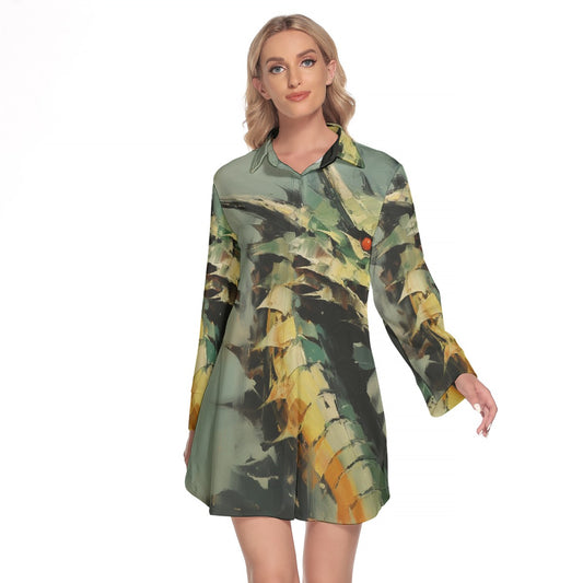 All-Over Print Women's Lapel Shirt Dress With Long Sleeve