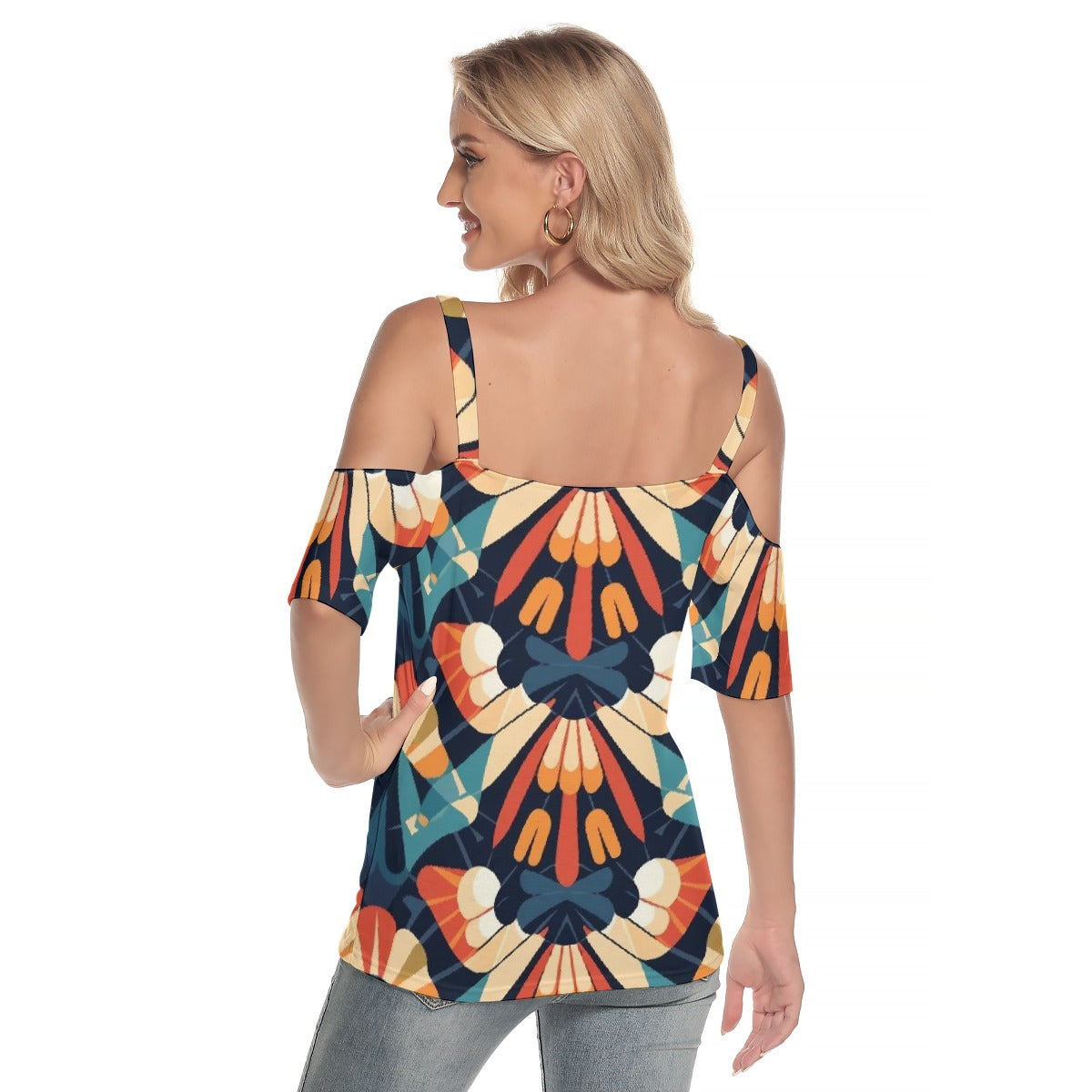 All-Over Print Women's Cold Shoulder T-shirt With Criss Cross Strips