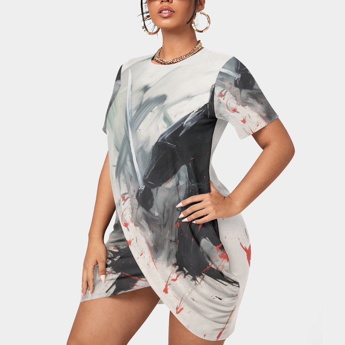 All-Over Print Women’s Stacked Hem Dress With Short Sleeve（Plus Size）