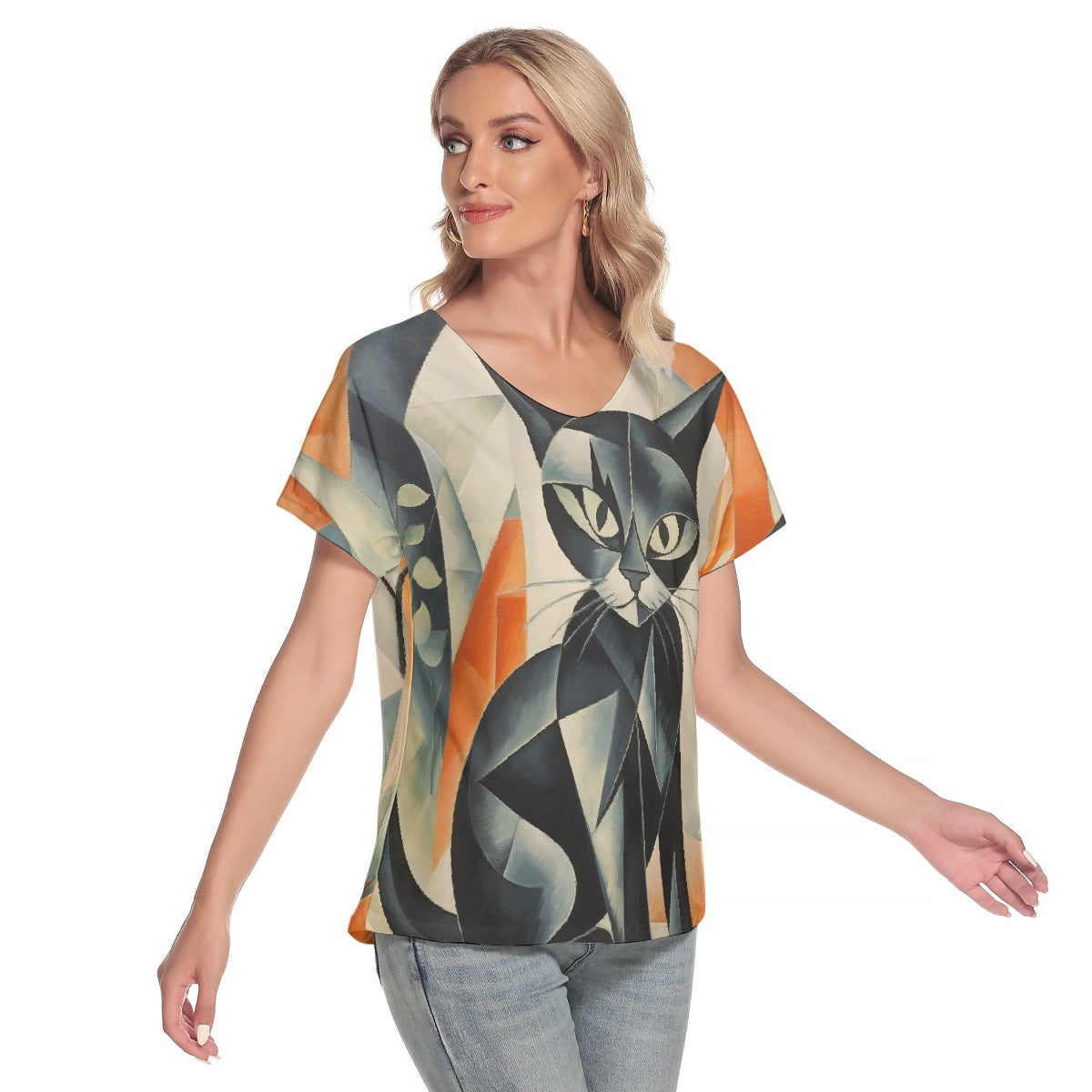 All-Over Print Women's Loose V-neck Short Sleeve T-shirt