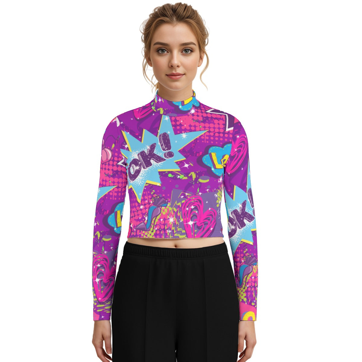 Eco-Friendly All-Over Print Women's Turtleneck T-shirt With Long Sleeve