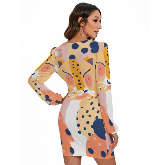 All-Over Print Women's Long Sleeve Dress With Waist Belt