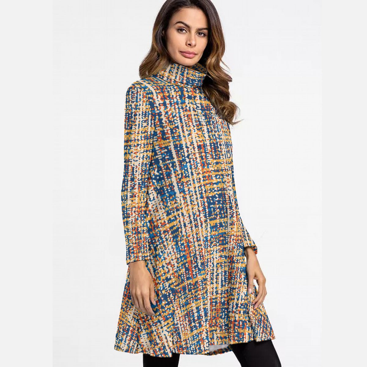 All-Over Print Women's High Neck Dress With Long Sleeve