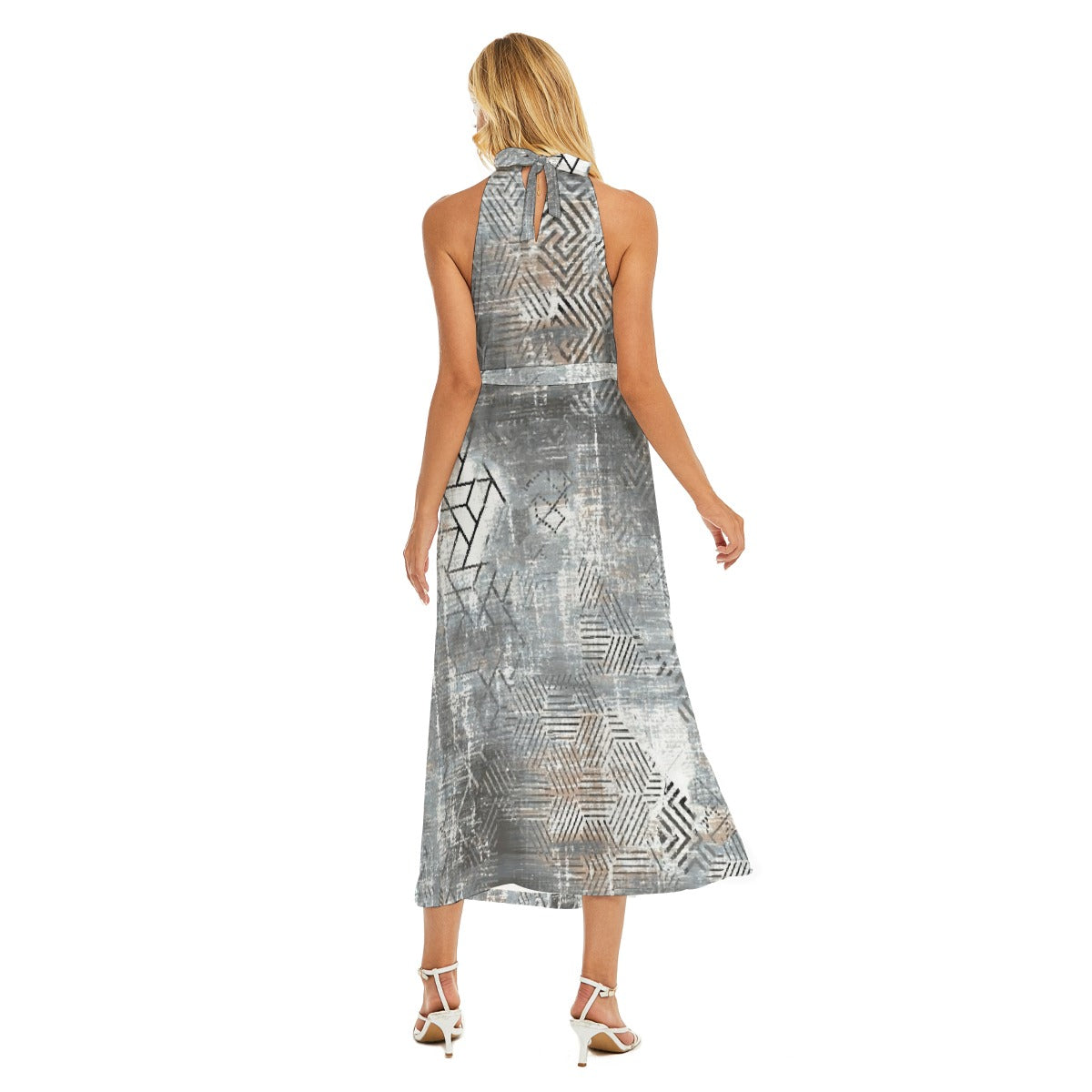 All-Over Print Women's Wrap Hem Belted Halter Dress