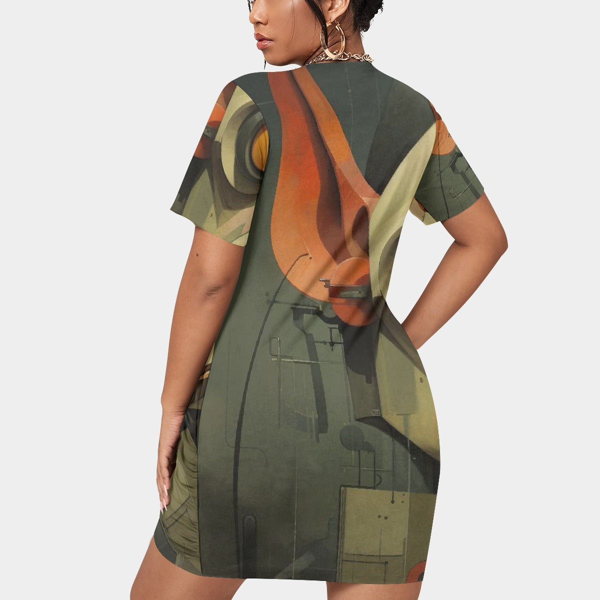 All-Over Print Women’s Stacked Hem Dress With Short Sleeve（Plus Size）