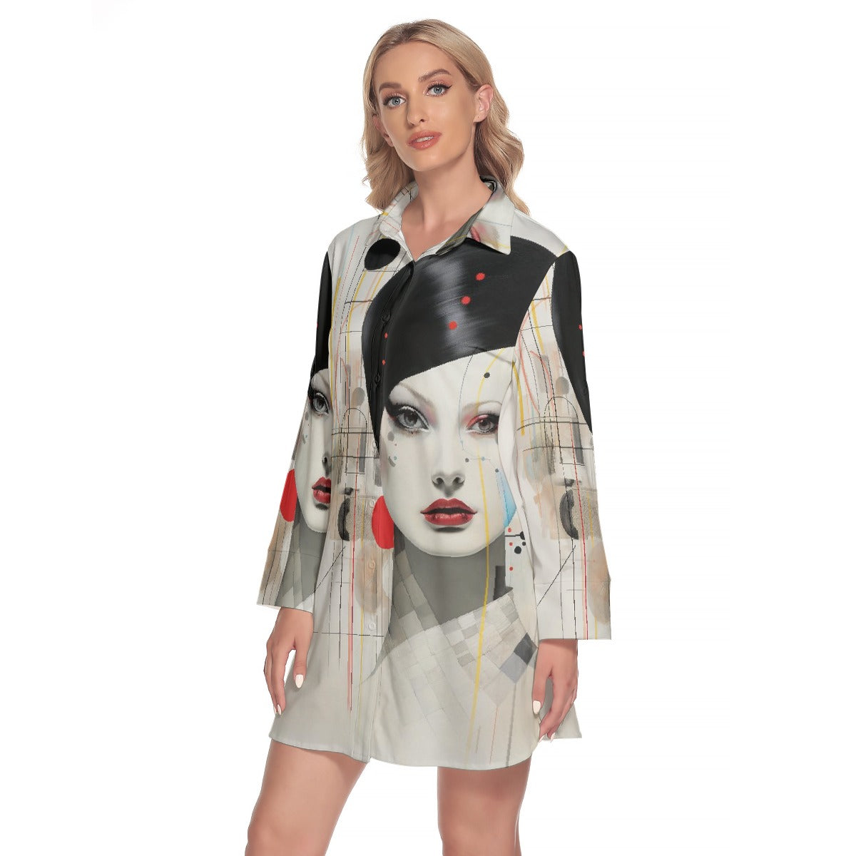 All-Over Print Women's Lapel Shirt Dress With Long Sleeve