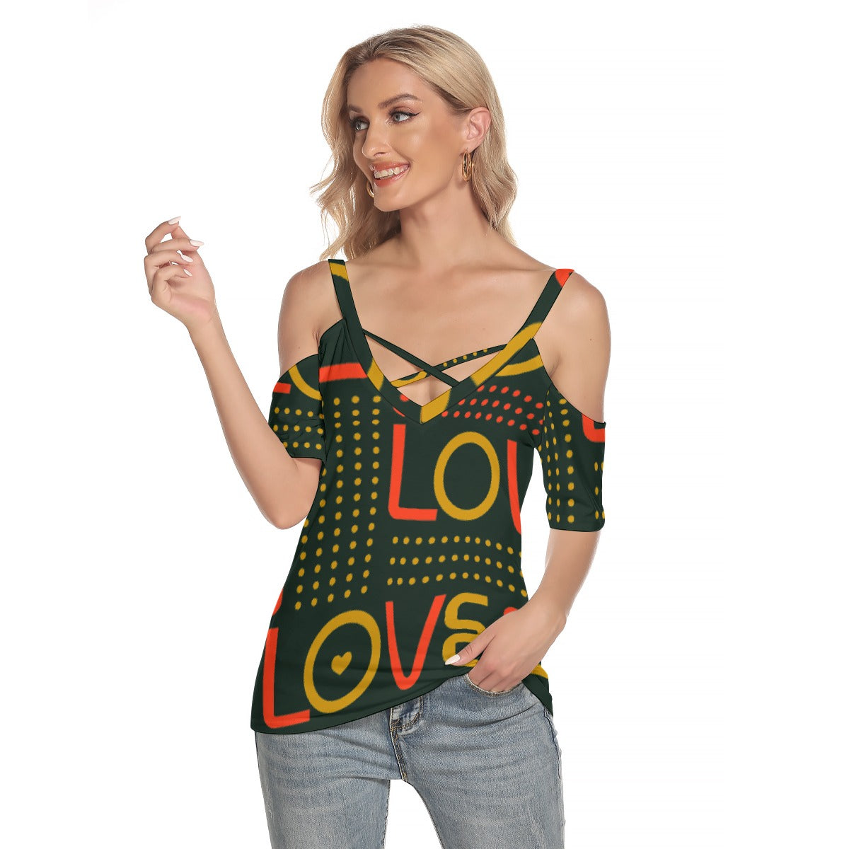 All-Over Print Women's Cold Shoulder T-shirt With Criss Cross Strips