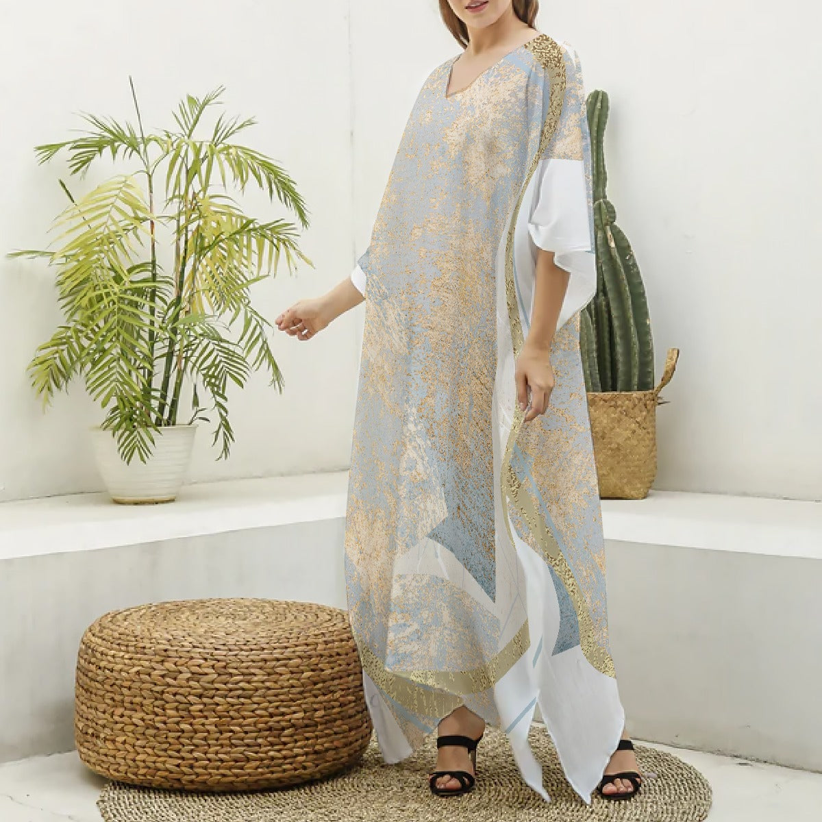 All-Over Print Women's Imitation Silk V-neck Kaftan Robe