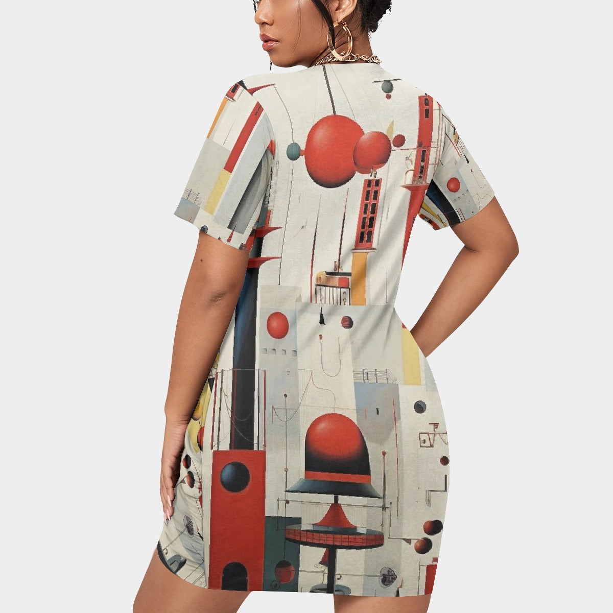 All-Over Print Women’s Stacked Hem Dress With Short Sleeve（Plus Size）